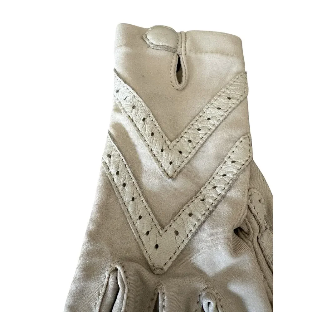 Vintage Isotoner Bone one size gloves leather trimmed stretch Driving Gloves